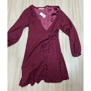 LOFT Burgundy Star Print Wrap Midi Dress Long Sleeve Tie Waist Women's Size 4